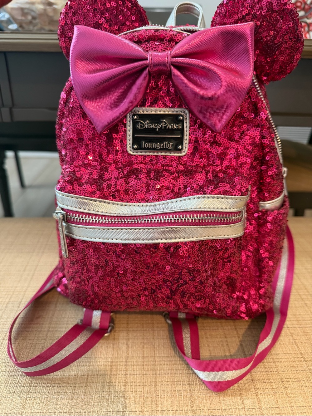 Loungefly Disney Parks Pink Sequin Minnie Ear Bow Mini Backpack